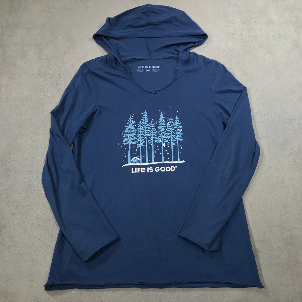 Life is Good Womens Blue Winter Trees Cabin Hooded Long Sleeve T-Shirt Size M
